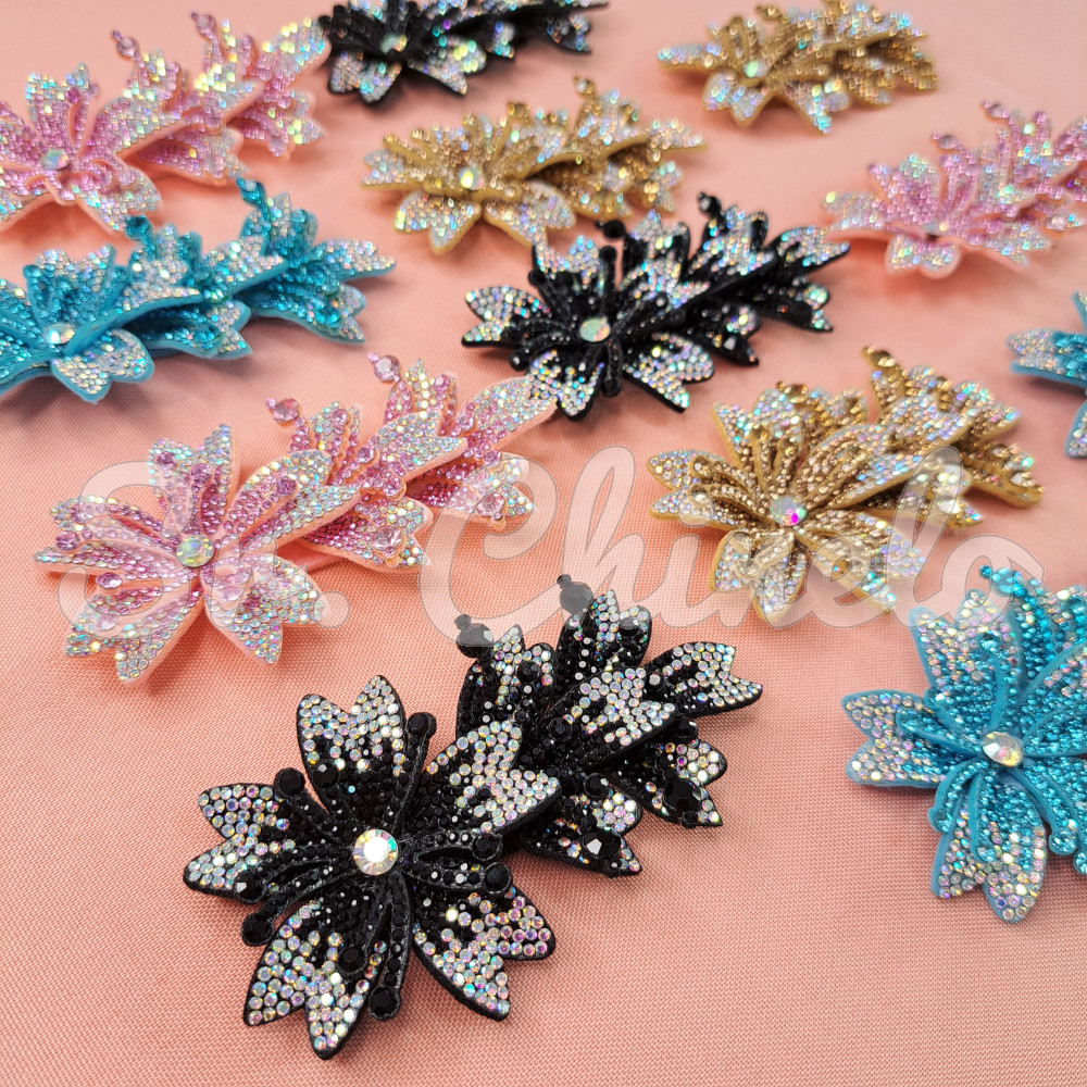 Cabedal Miriam, Três Flores com Strass, Tecido, Preto/Furtacor