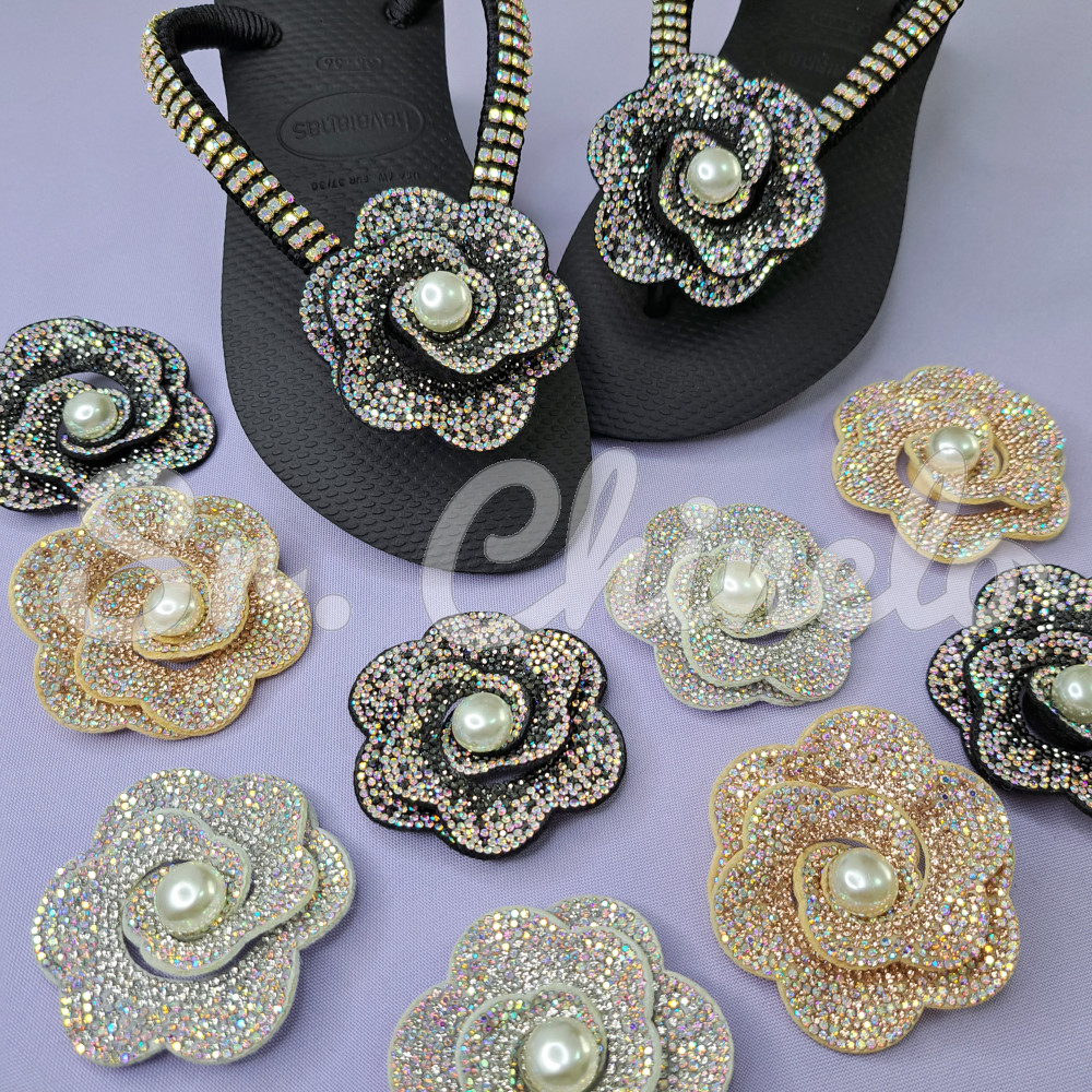 Cabedal Eloá, Flor Camadas com Pérola, Tecido, Rose Gold/Furtacor