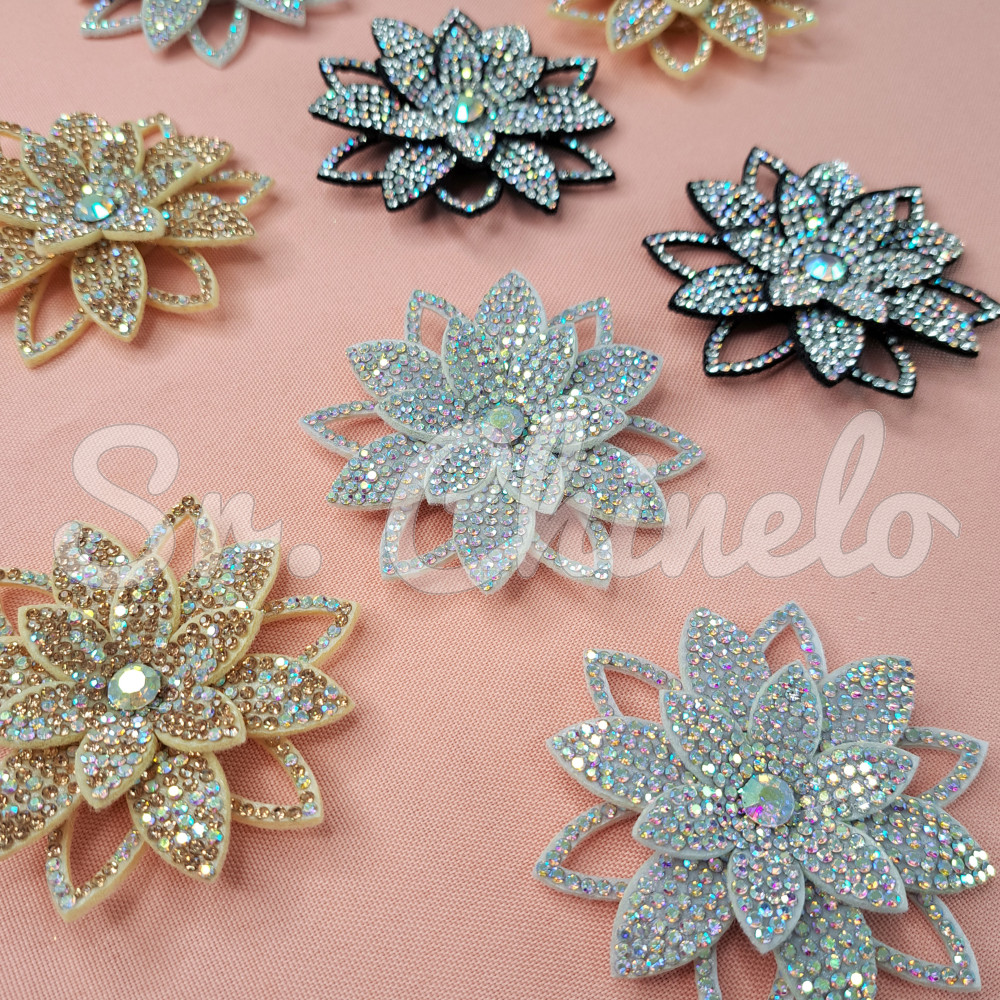 Cabedal Sandra, Flor com Strass, Tecido, Rose Gold/Furtacor