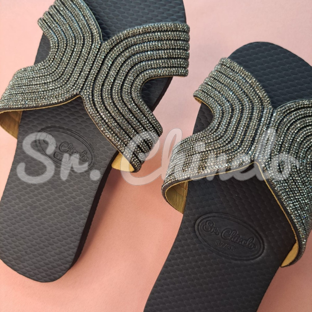 Cabedal Hanna, Tecido com Strass, Pronto para Aplicação em Solas, Preto/Cristal
