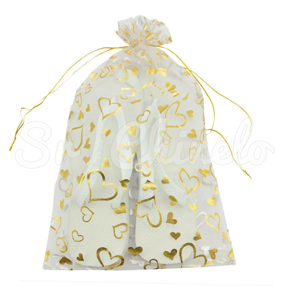 Saquinho de Voal, 20cm x 30cm, Estampa Coração, Branco/Dourado