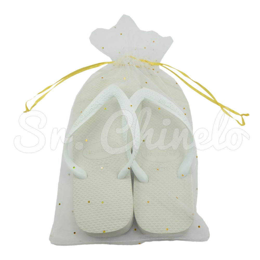 Saquinho de Voal, 20cm x 30cm, Detalhes Bolinhas, Branco/Dourado