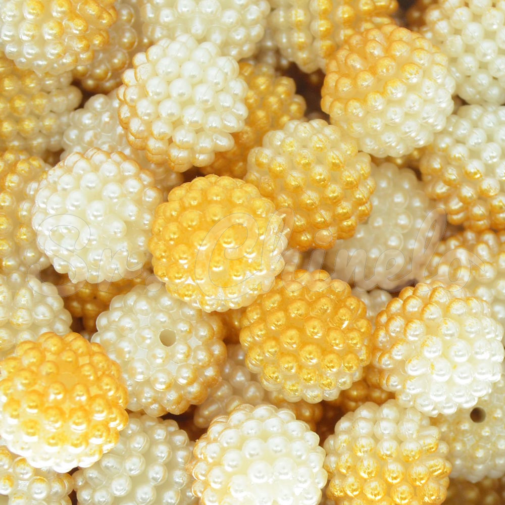 Pérola Craquelada Amora, 14mm, Mesclado Branco/Dourado