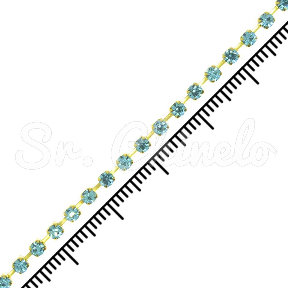 Fio de Strass, SS12, Ouro, Strass Aquamarine