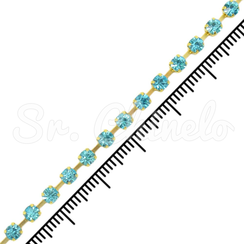 Fio de Strass, SS16, Ouro, Strass Aquamarine