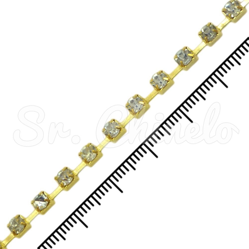 Fio de Strass, SS16, Ouro, Strass Cristal