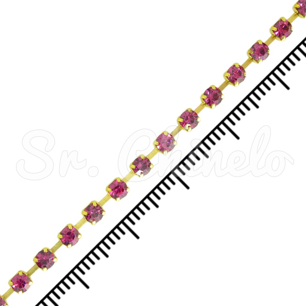 Fio de Strass, SS16, Ouro, Strass Fúcsia