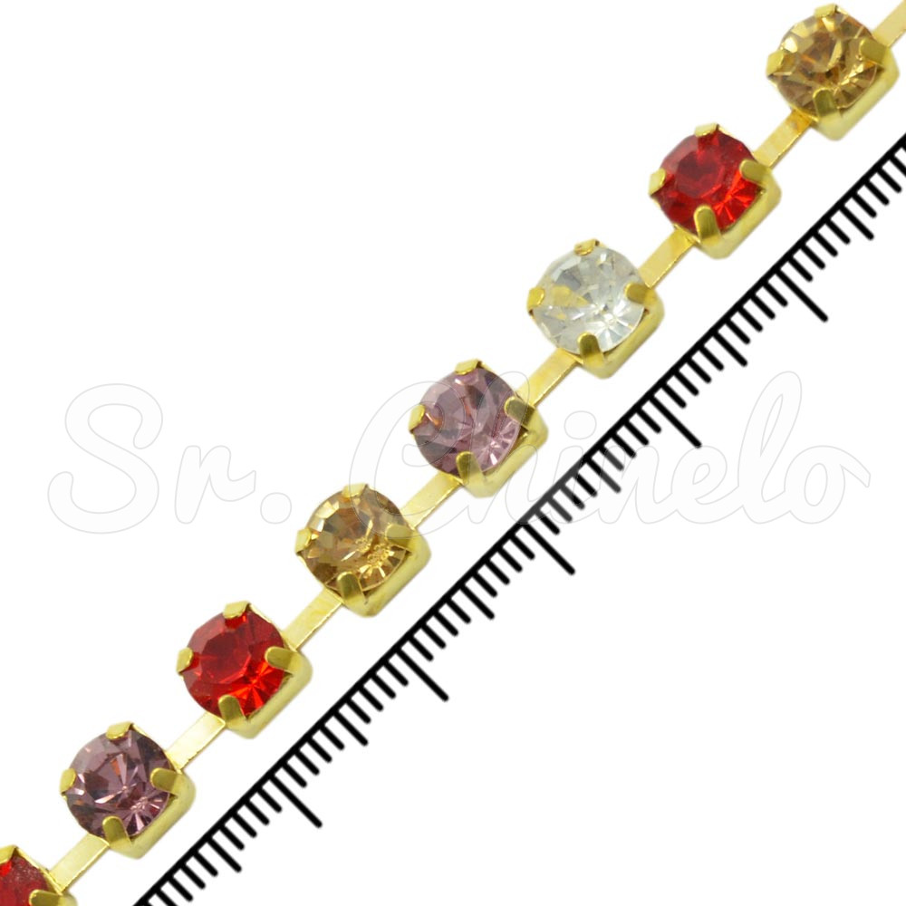 Fio de Strass, SS28, Ouro, Strass Colorido