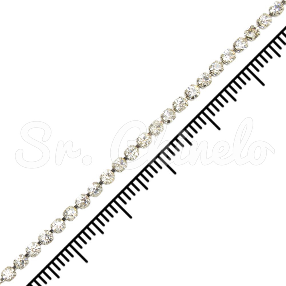 Fio de Strass, SS12, Junto, Prata, Strass Cristal