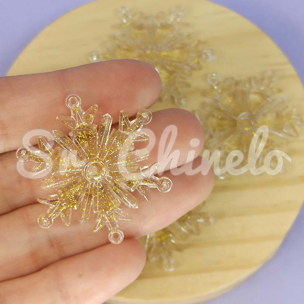 Aplique de Acrílico, Floco de Neve, 4cm, Bege Glitter Dourado Transparente