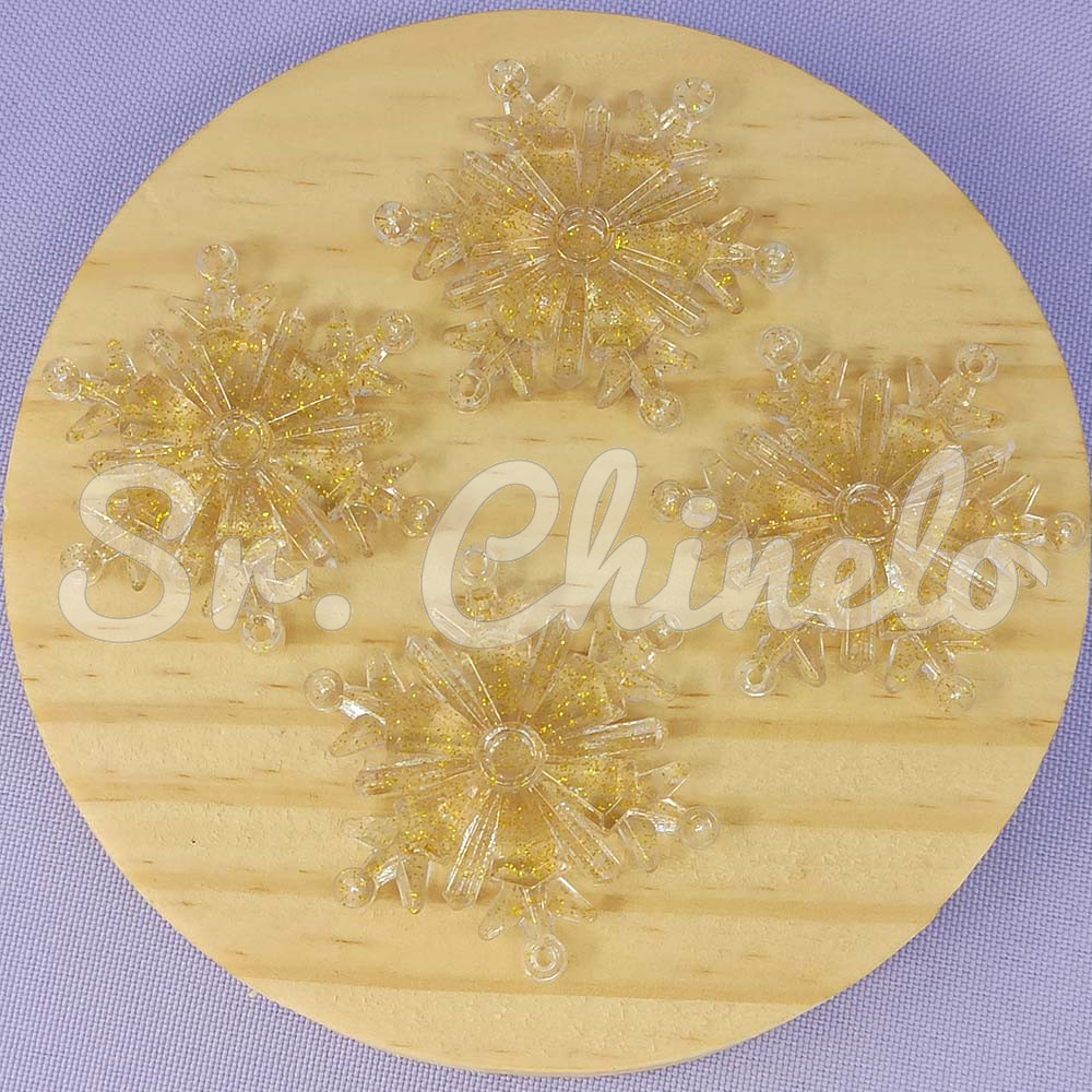Aplique de Acrílico, Floco de Neve, 4cm, Bege Glitter Dourado Transparente