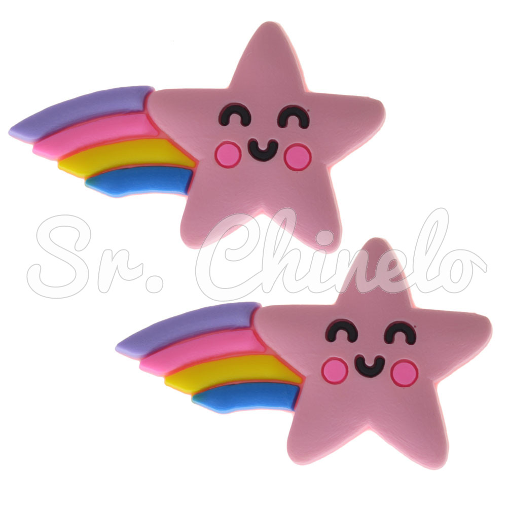 Aplique de Borracha, Estrela e Arco-Íris, Rosa/Colorido