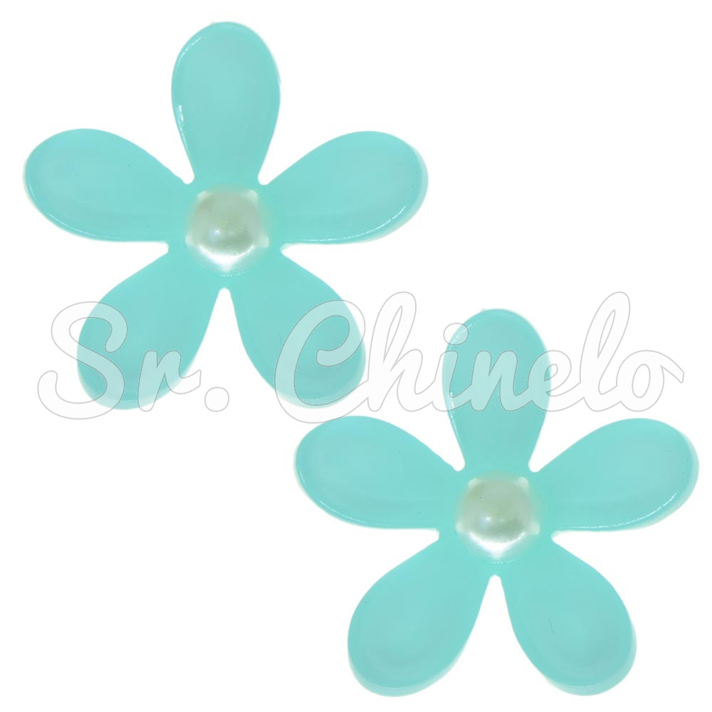 Aplique, Margarida 30mm com Pérola, Acrílico, Azul Tiffany
