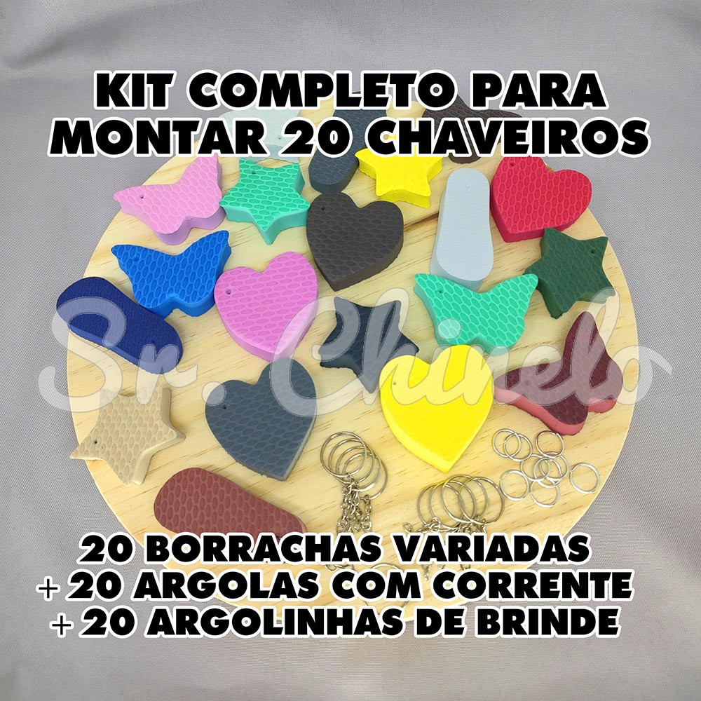 Kit Completo para montar 20 Chaveiros - 20 Pingentes de Borracha + 20 Argolas com Corrente + 20 Argolinhas BRINDE
