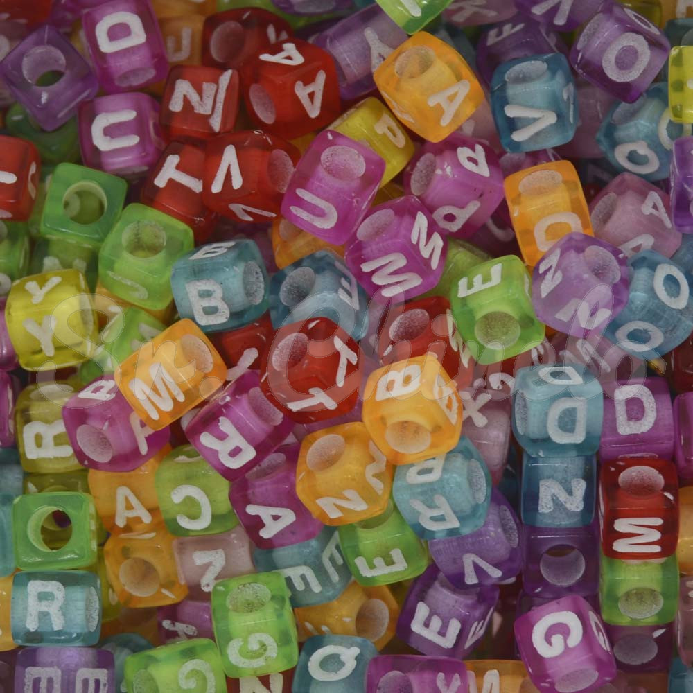 Miçanga Plástica, Letras Aleatórias, Quadrado 06mm, Colorido/Branco