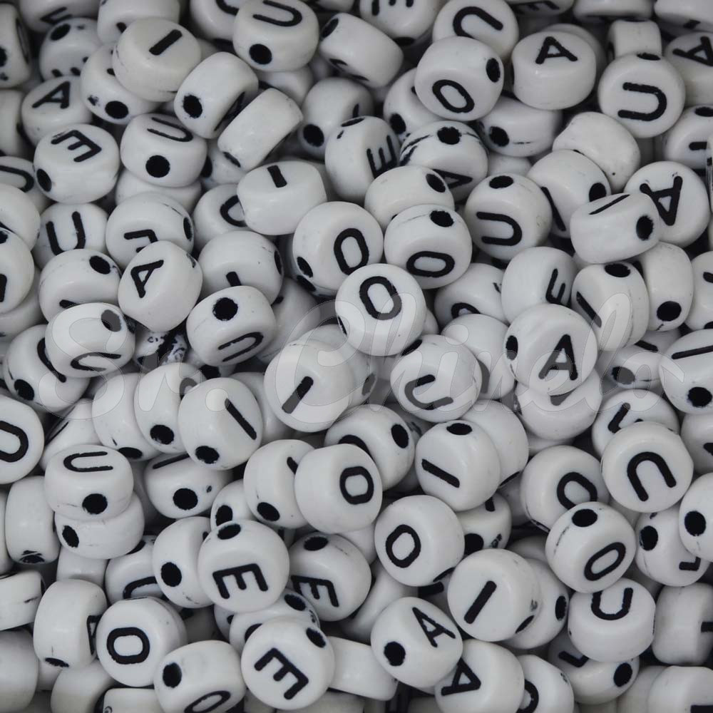 Miçanga Plástica, Letras Vogais, Redondo 07mm, Branco/Preto