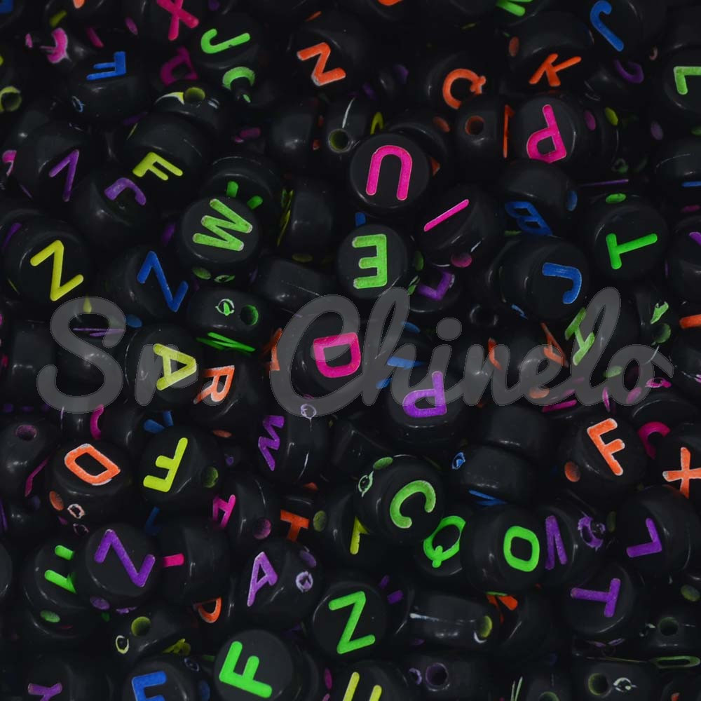 Miçanga Plástica, Letras Aleatórias, Redondo 07mm, Preto/Colorido Neon
