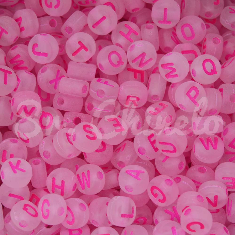 Miçanga Plástica, Letras Aleatórias, Redondo 07mm, Branco Transparente/Rosa Neon