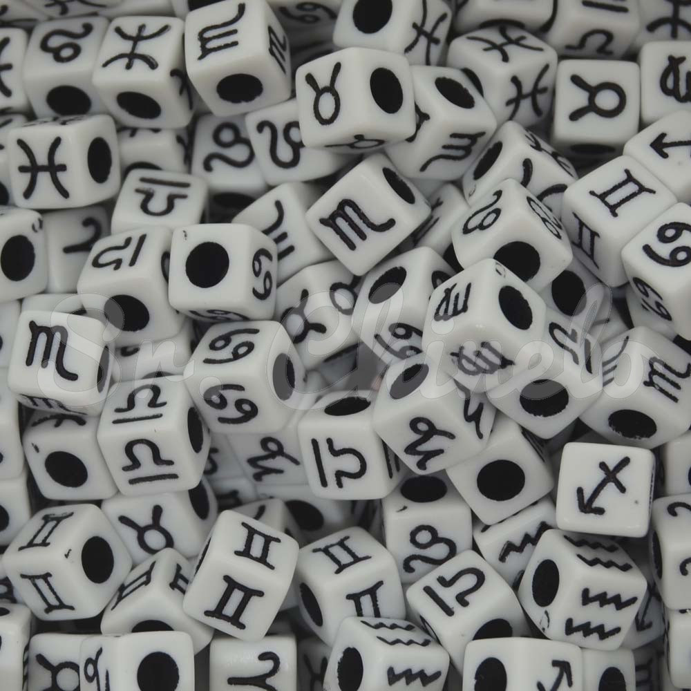 Miçanga Plástica, Signos Aleatórios, Quadrado 07mm, Branco//Preto