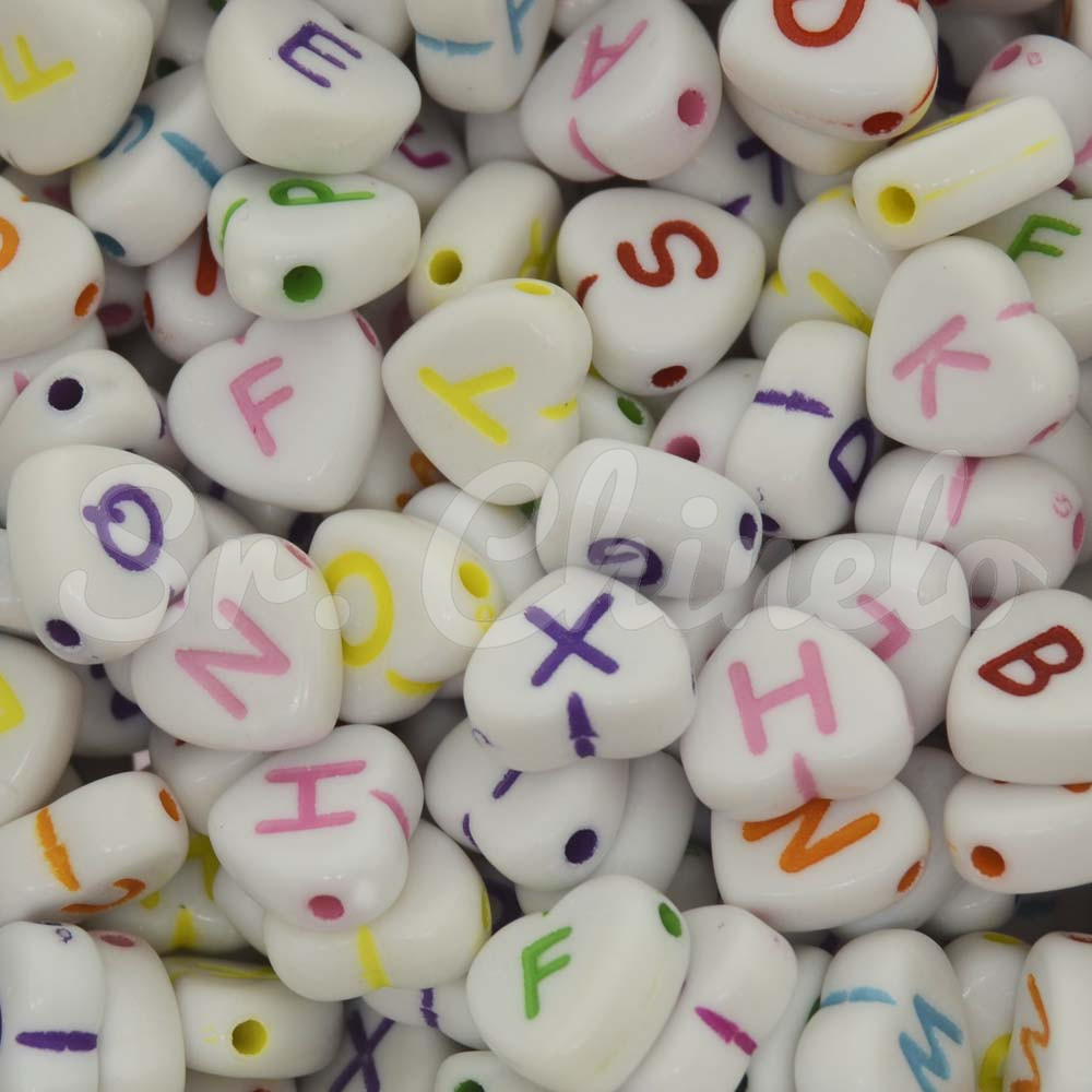 Miçanga Plástica, Letras Aleatórias, Coração 11mm, Branco/Colorido