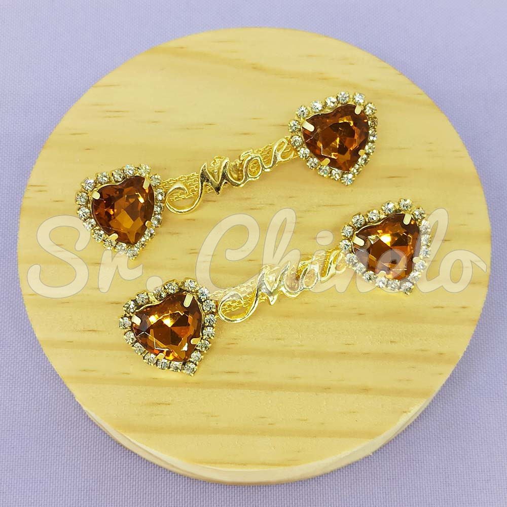 Cabedal Mãe, Coração com Strass, Banhado, Rebite, Marrom