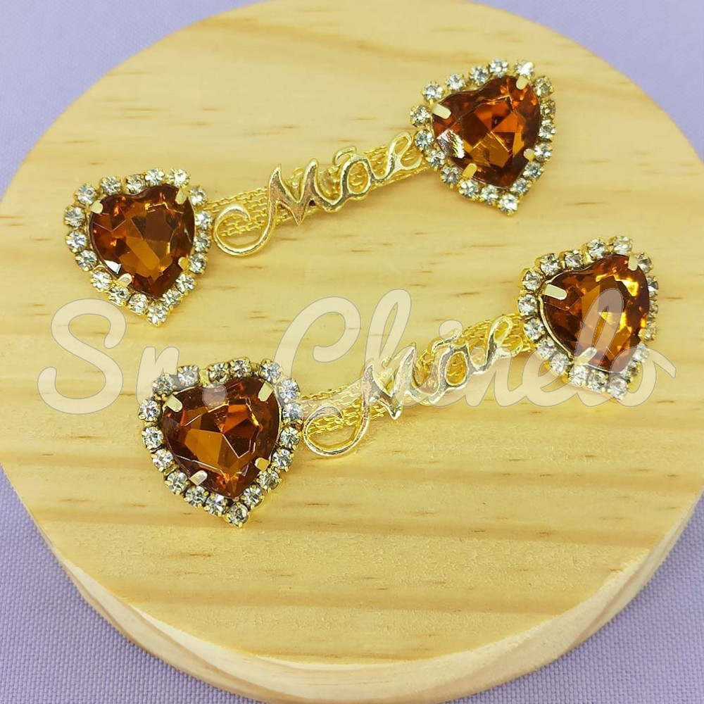 Cabedal Mãe, Coração com Strass, Banhado, Rebite, Marrom