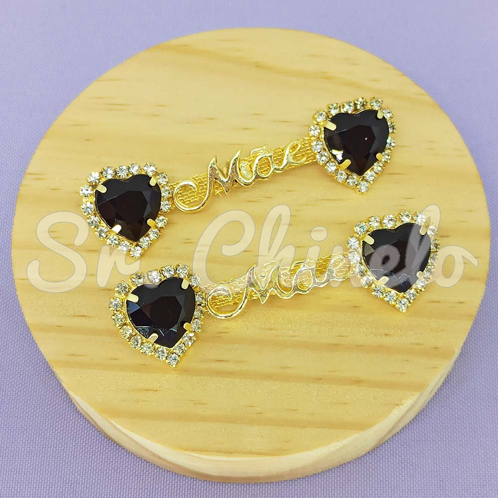 Cabedal Mãe, Coração com Strass, Banhado, Rebite, Preto