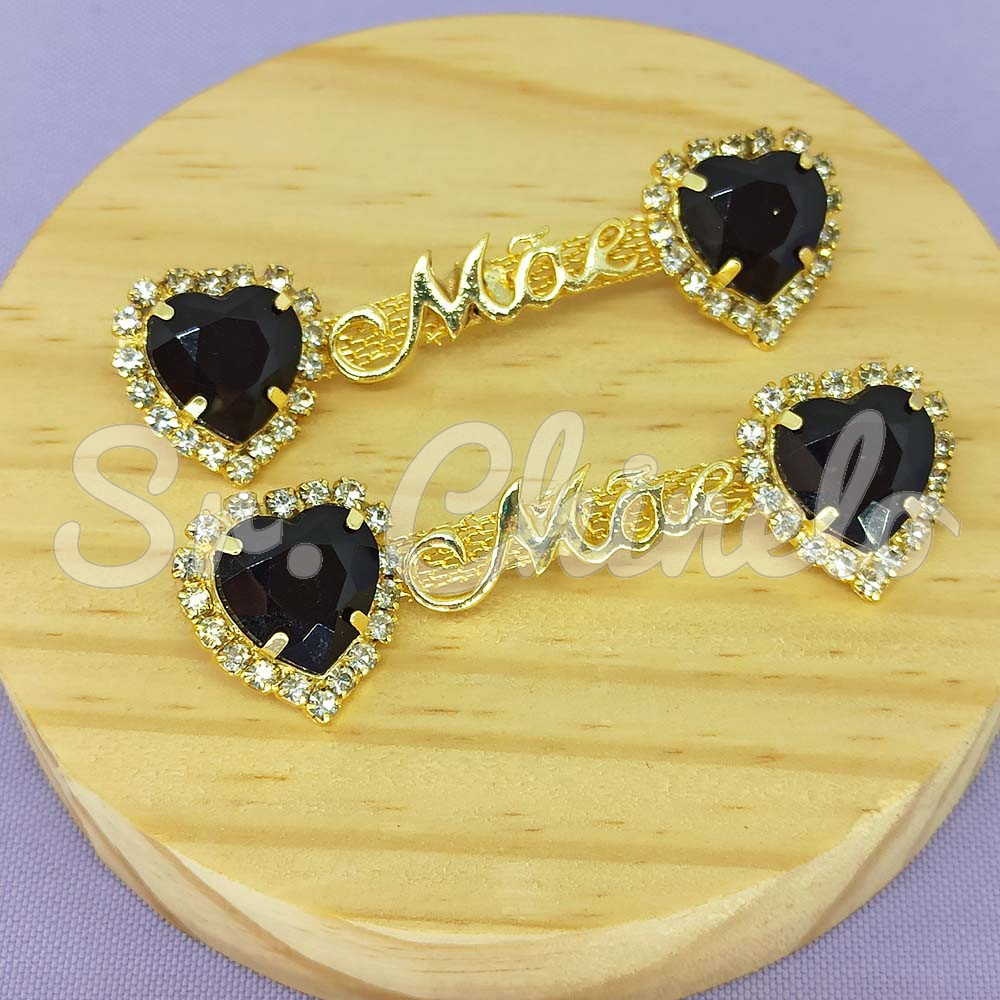 Cabedal Mãe, Coração com Strass, Banhado, Rebite, Preto