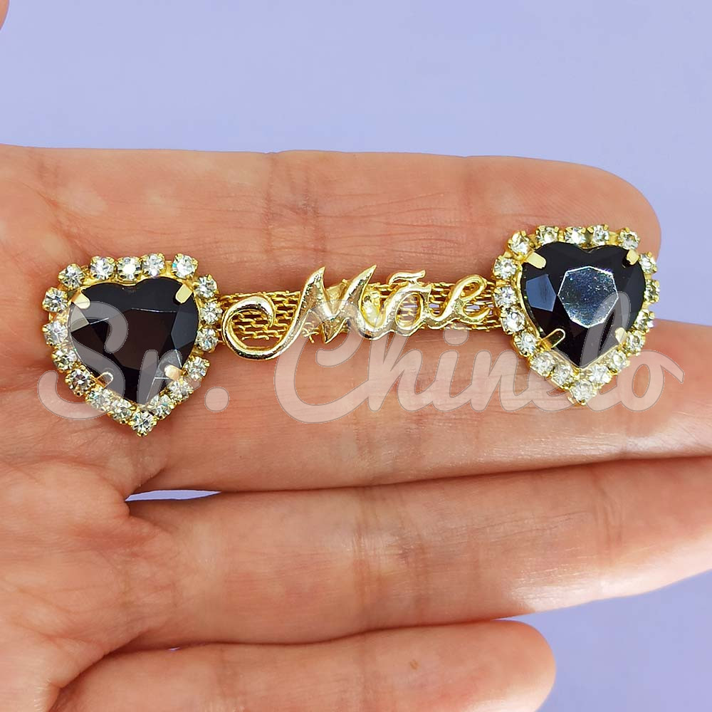 Cabedal Mãe, Coração com Strass, Banhado, Rebite, Preto