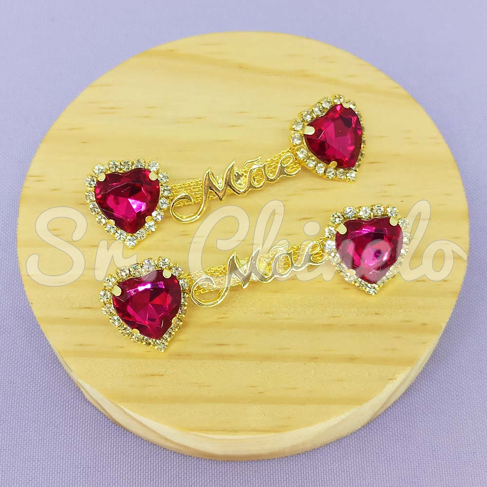 Cabedal Mãe, Coração com Strass, Banhado, Rebite, Pink