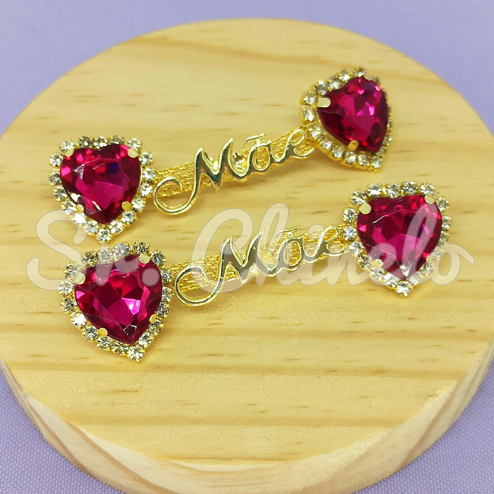 Cabedal Mãe, Coração com Strass, Banhado, Rebite, Pink