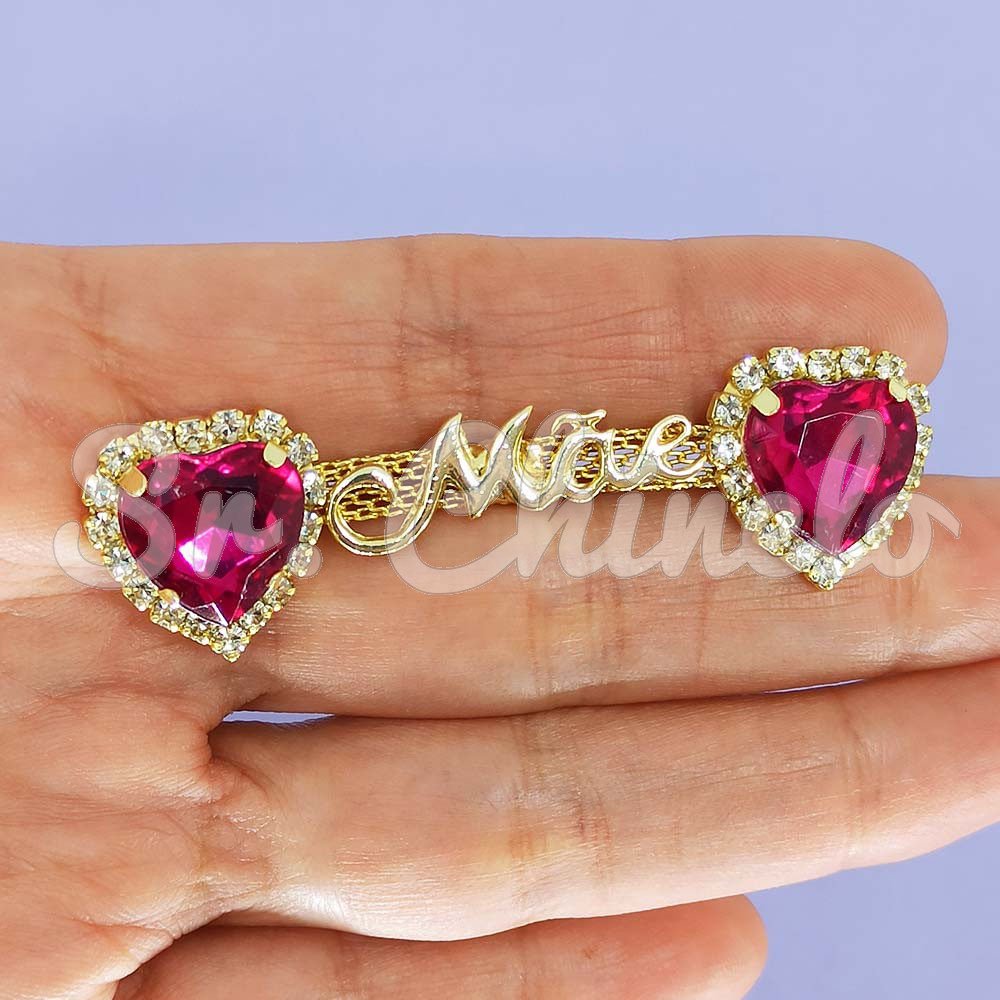 Cabedal Mãe, Coração com Strass, Banhado, Rebite, Pink