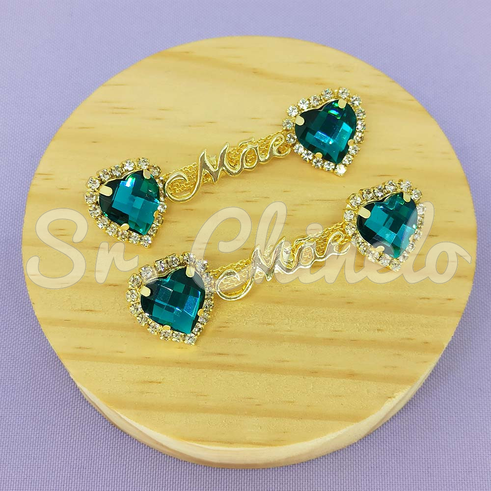 Cabedal Mãe, Coração com Strass, Banhado, Rebite, Verde Turquesa