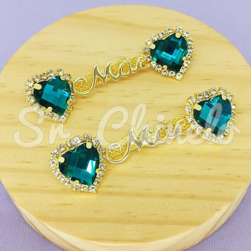 Cabedal Mãe, Coração com Strass, Banhado, Rebite, Verde Turquesa