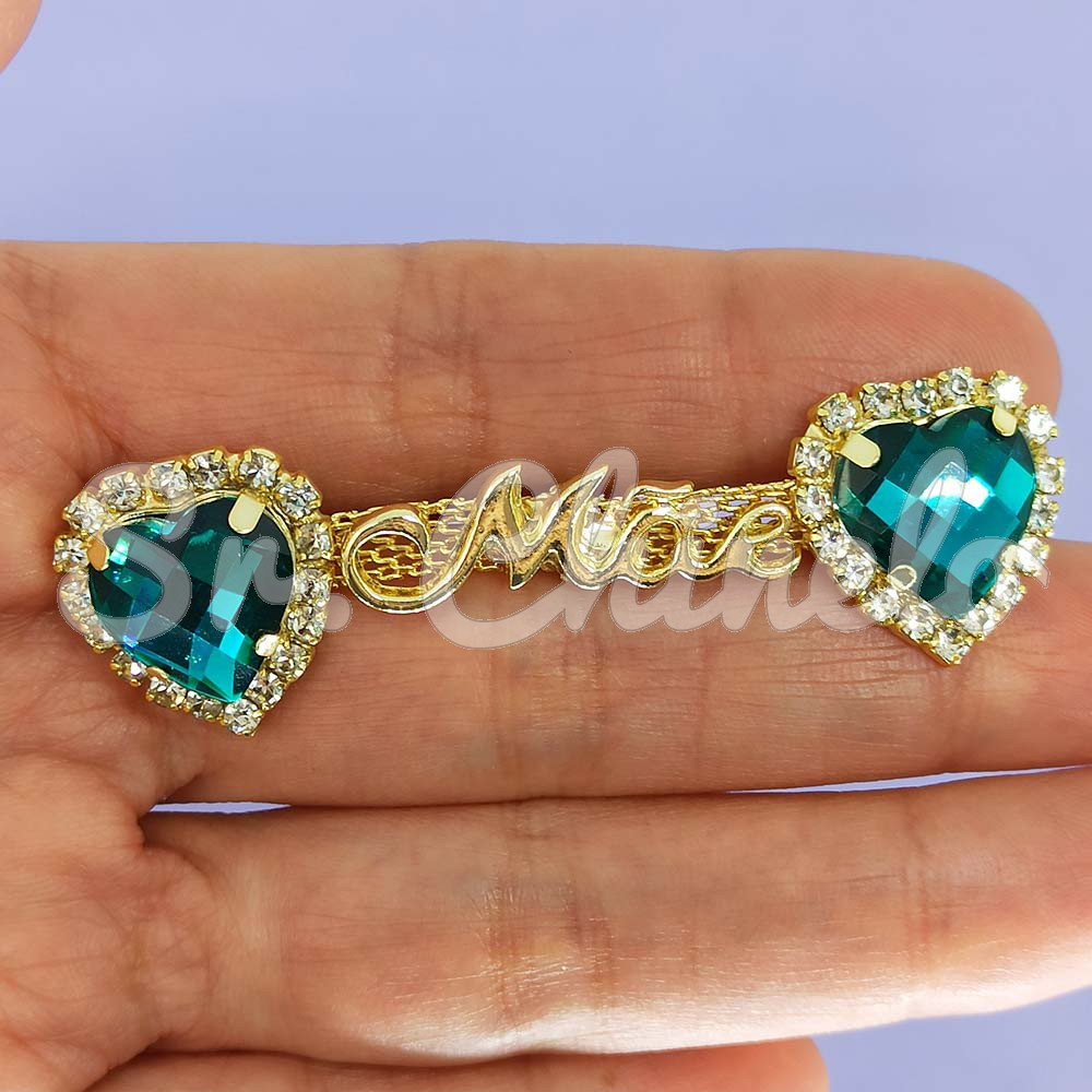 Cabedal Mãe, Coração com Strass, Banhado, Rebite, Verde Turquesa