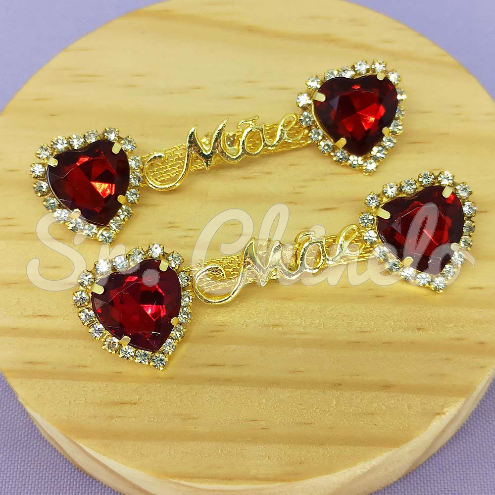 Cabedal Mãe, Coração com Strass, Banhado, Rebite, Vermelho