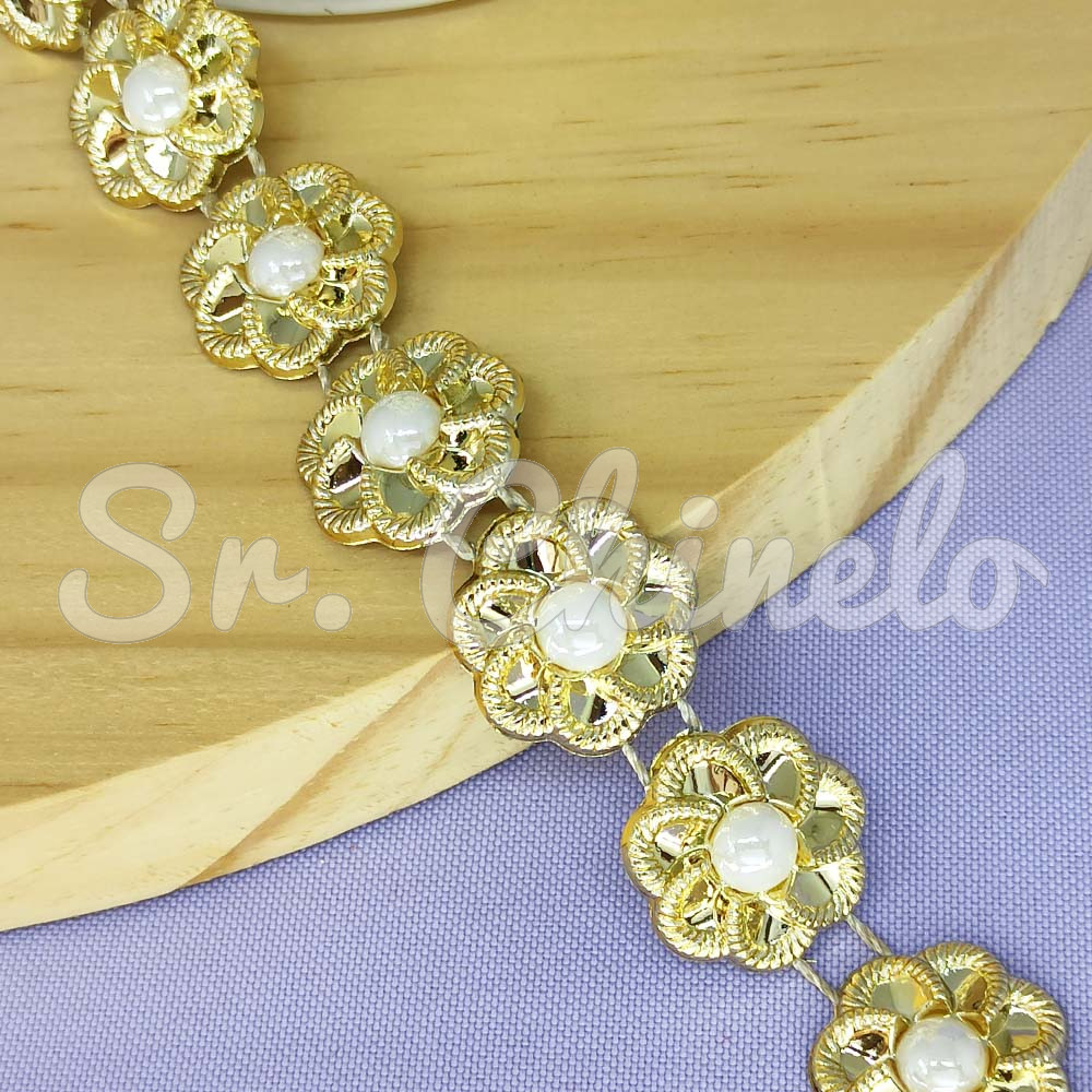 Aljofre de ABS Metalizado, Flor 20mm, Dourado/Branco