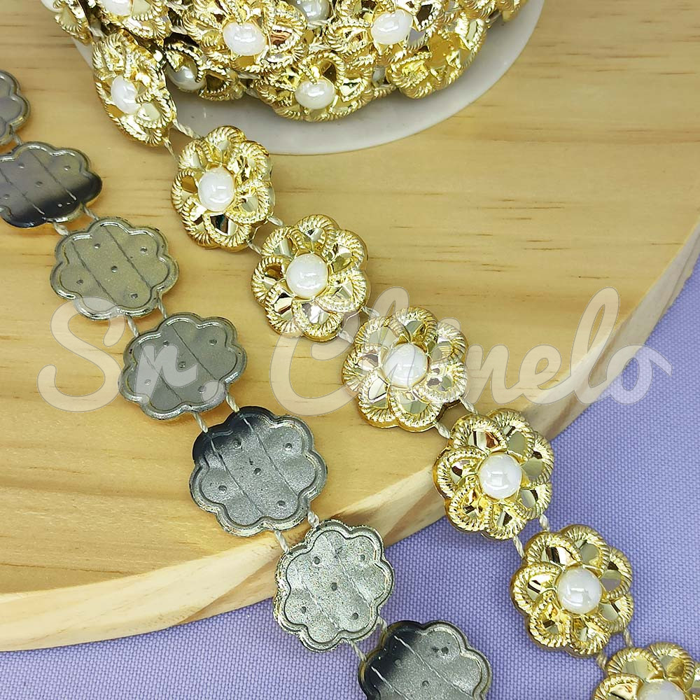 Aljofre de ABS Metalizado, Flor 20mm, Dourado/Branco