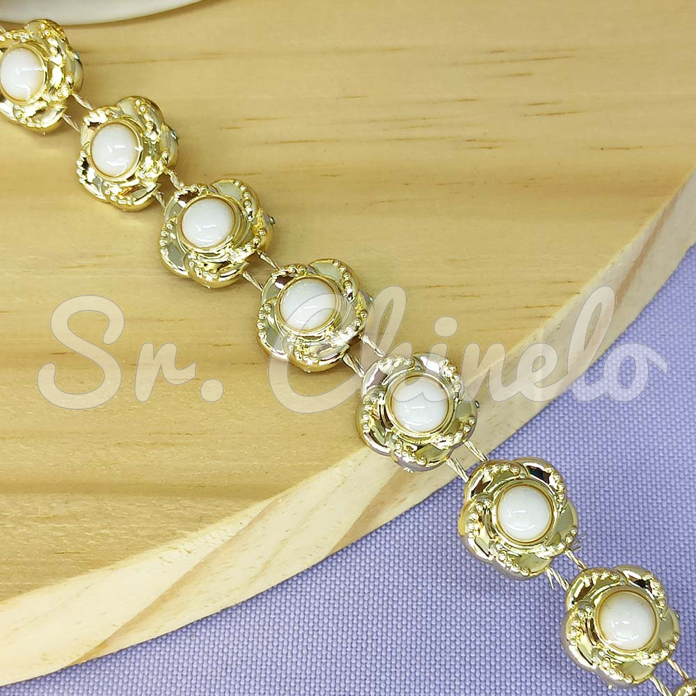 Aljofre de ABS Metalizado, Flor 12mm, Dourado/Branco