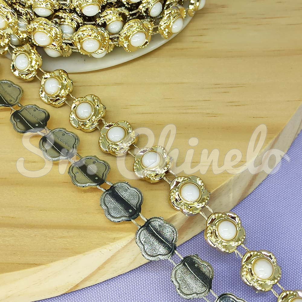 Aljofre de ABS Metalizado, Flor 12mm, Dourado/Branco