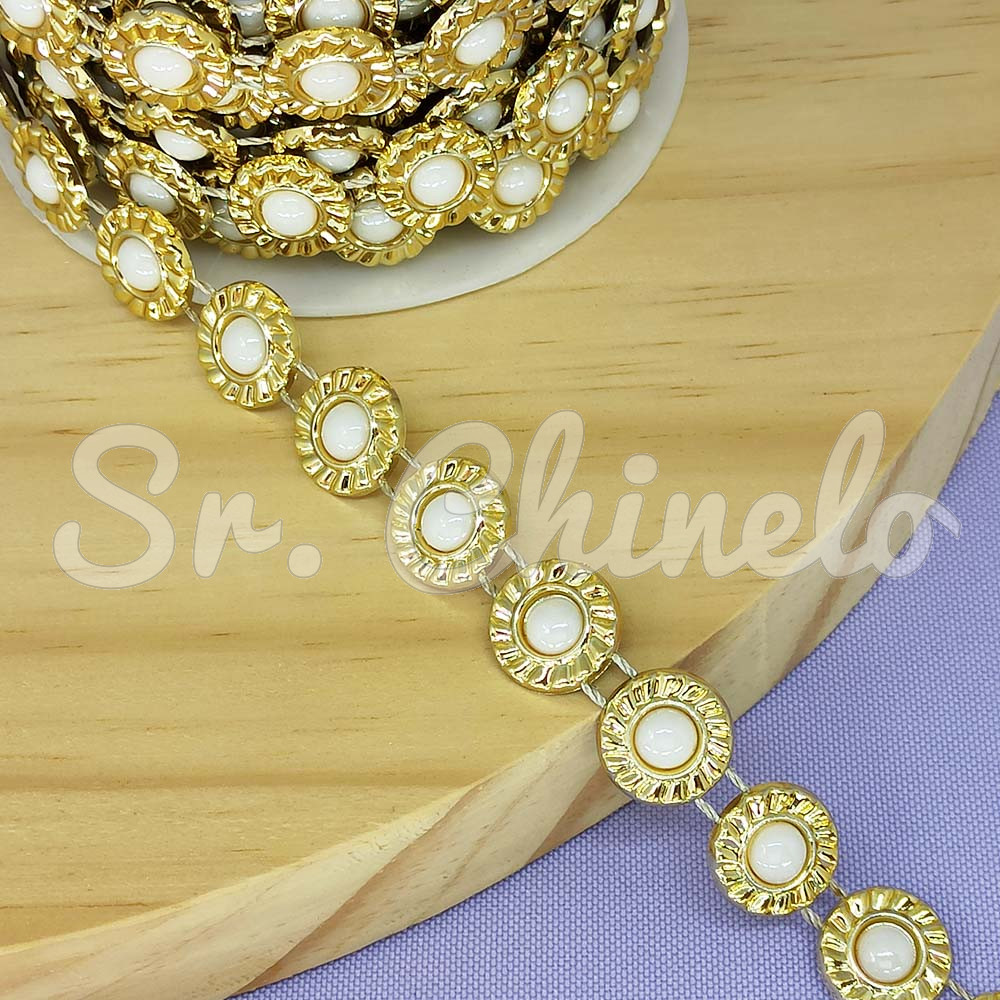Aljofre de ABS Metalizado, Redondo 13mm, Dourado/Branco