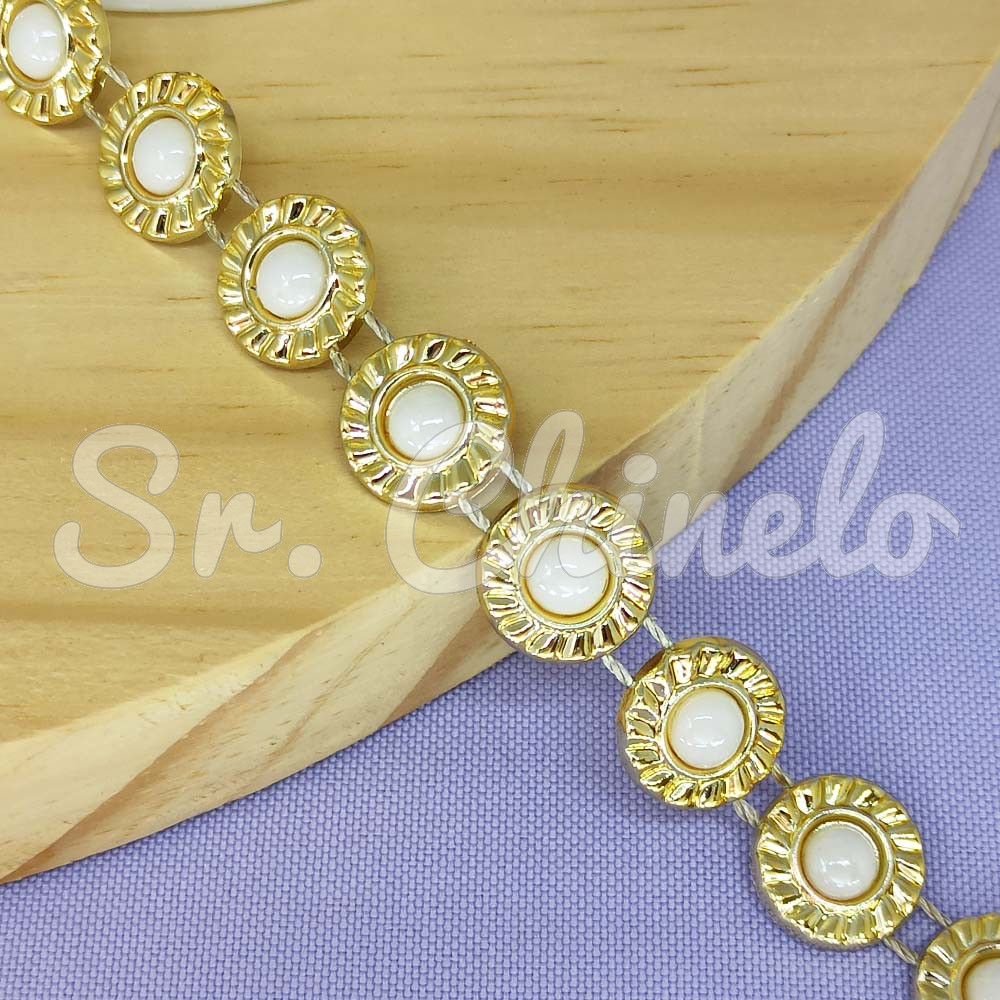 Aljofre de ABS Metalizado, Redondo 13mm, Dourado/Branco