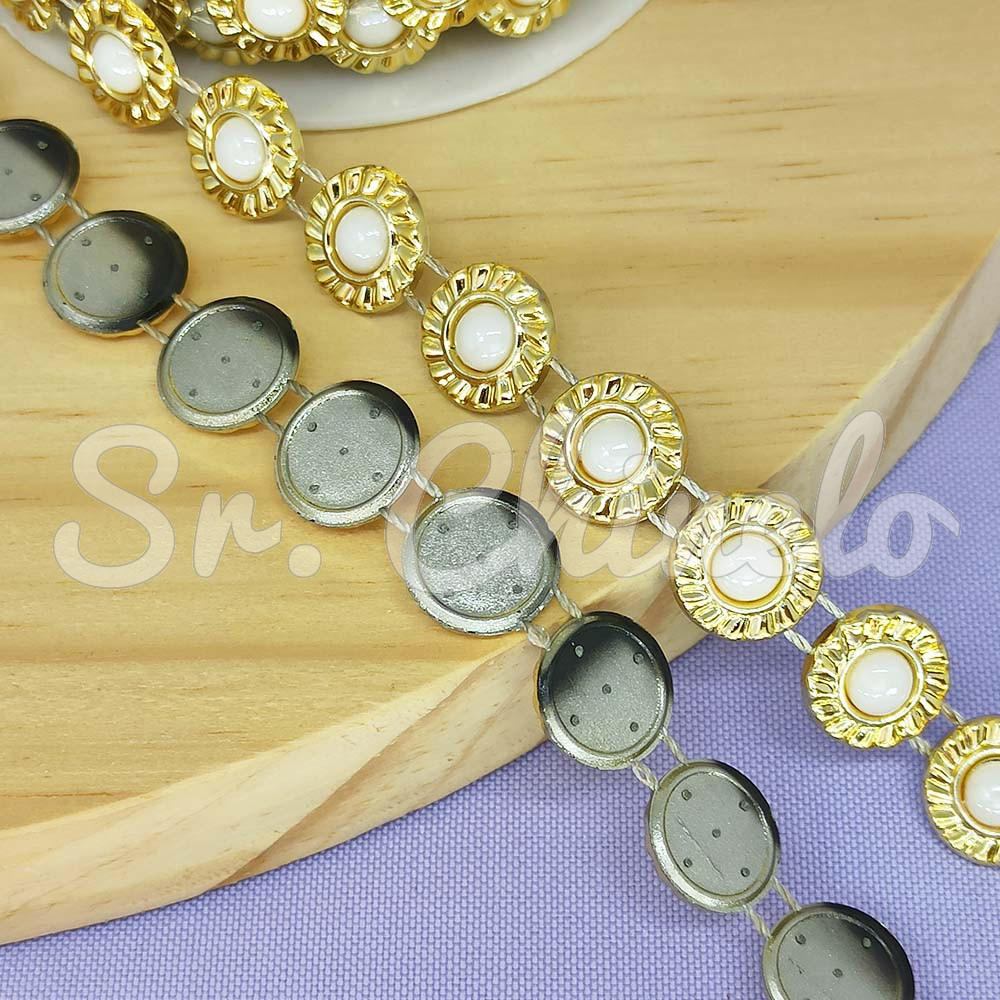 Aljofre de ABS Metalizado, Redondo 13mm, Dourado/Branco
