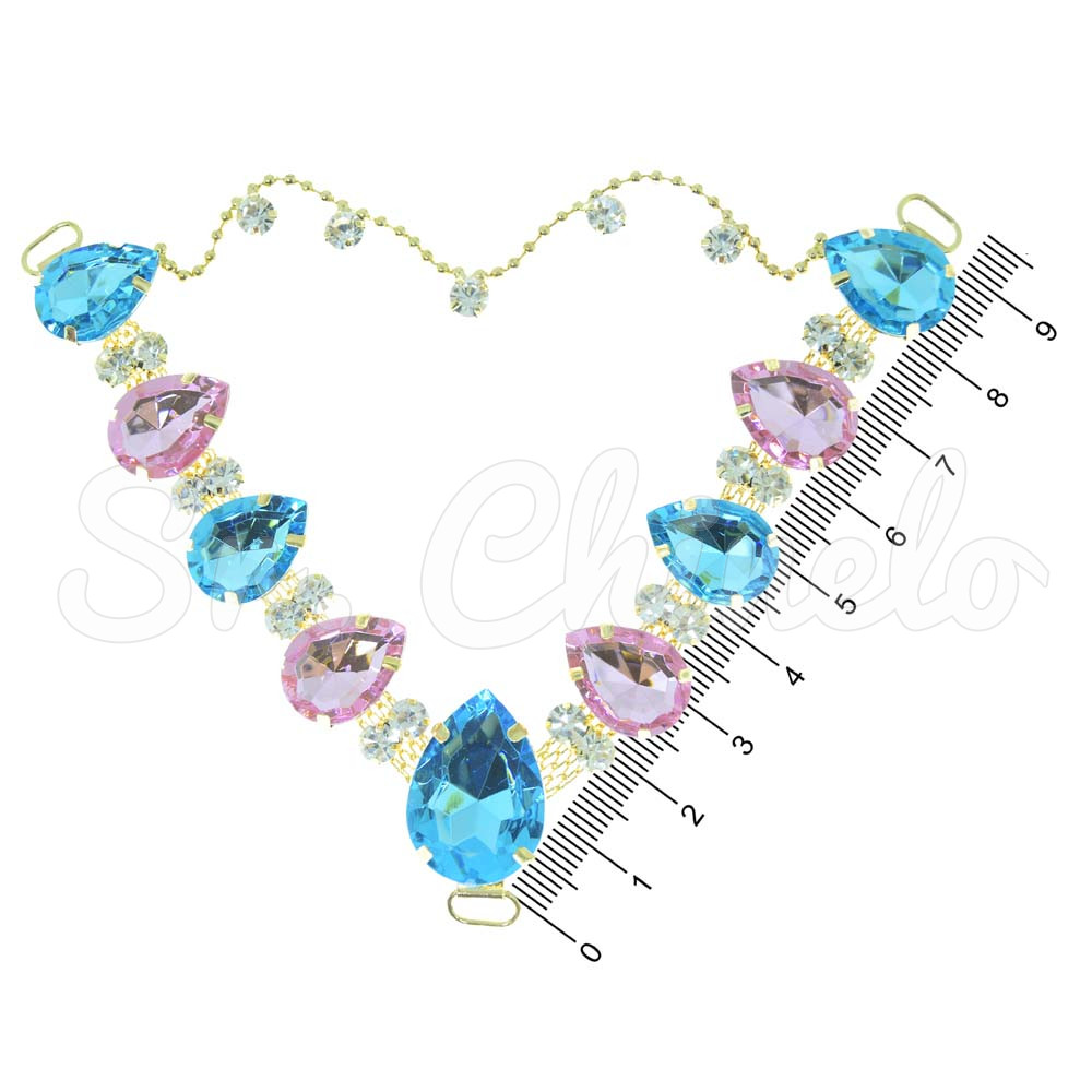 Cabedal Carol, Passante, Correntinha, Azul Tiffany/Rosa Claro/Cristal