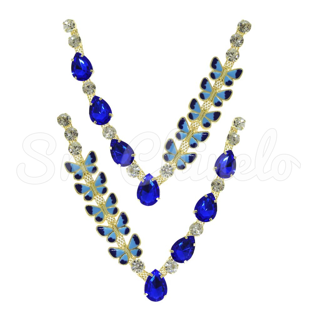 Cabedal Lily, Borboletas, Rebite, Azul/Cristal