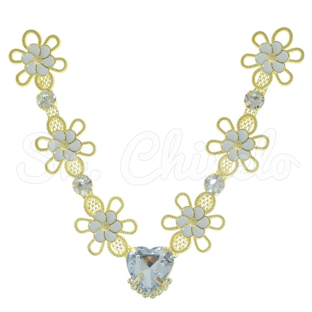 Cabedal Flora, Flores com Resina, Rebite, Cristal/Branco