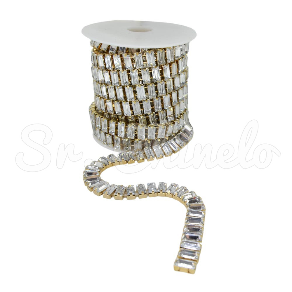 Cabedal em Metro, Retângulos 5mm x 11mm, Ouro, Cristal