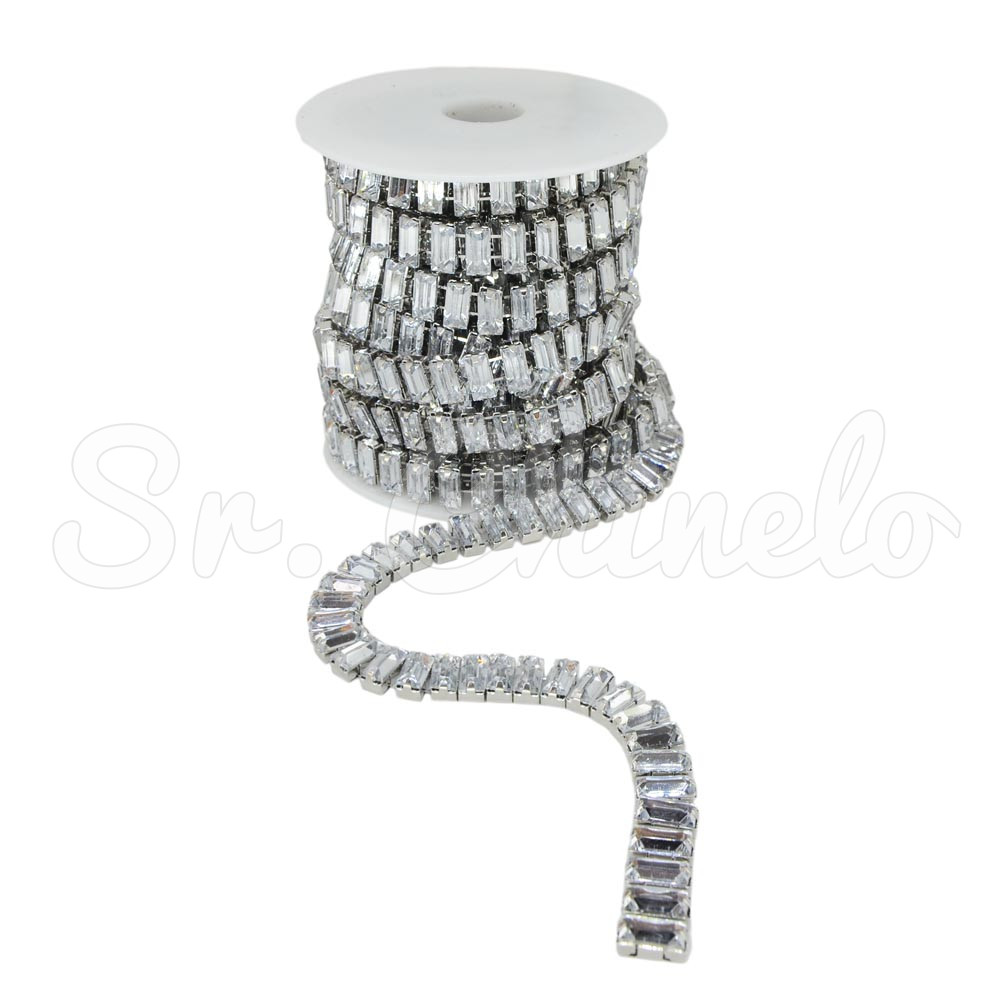 Cabedal em Metro, Retângulos 5mm x 11mm, Prata, Cristal