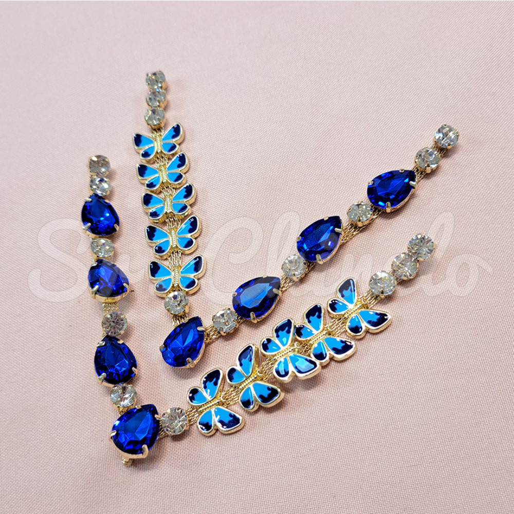 Cabedal Lily, Borboletas, Rebite, Azul/Cristal