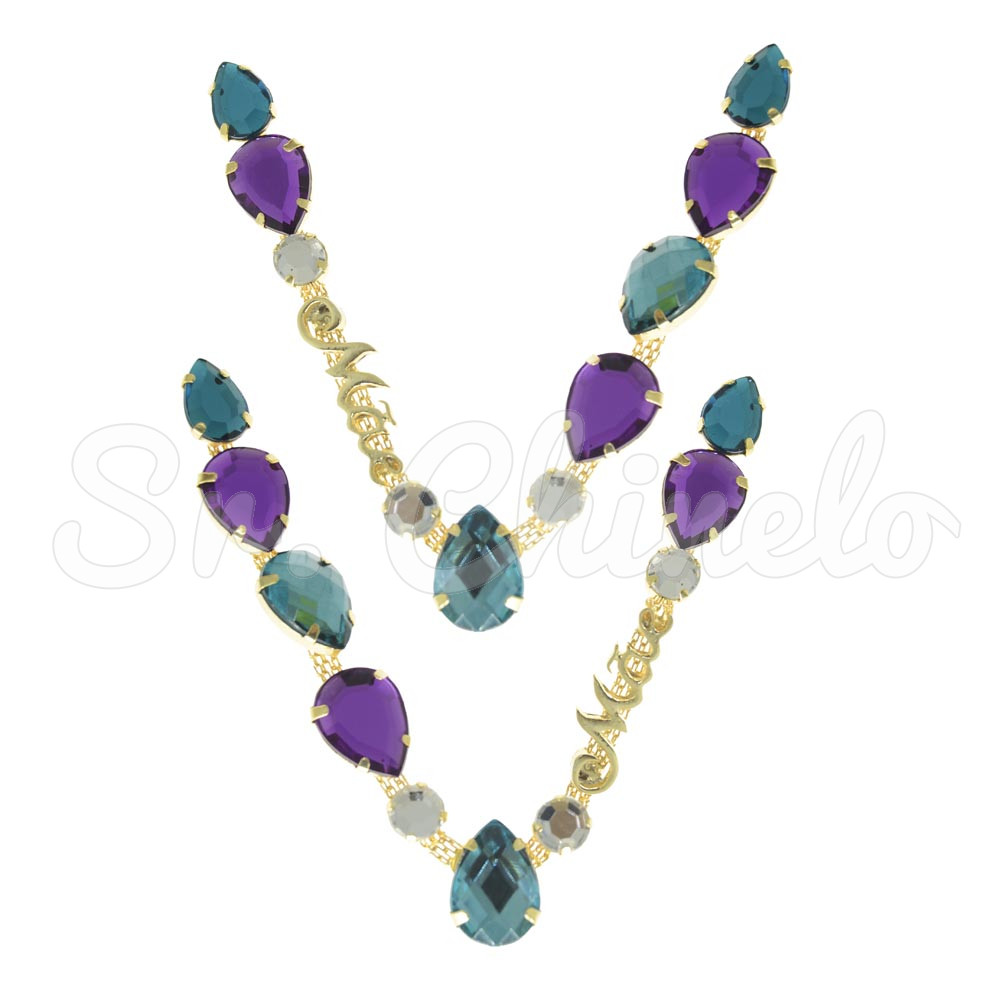 Cabedal Mãe, Gotas, Banhado, Rebite, Turquesa/Roxo